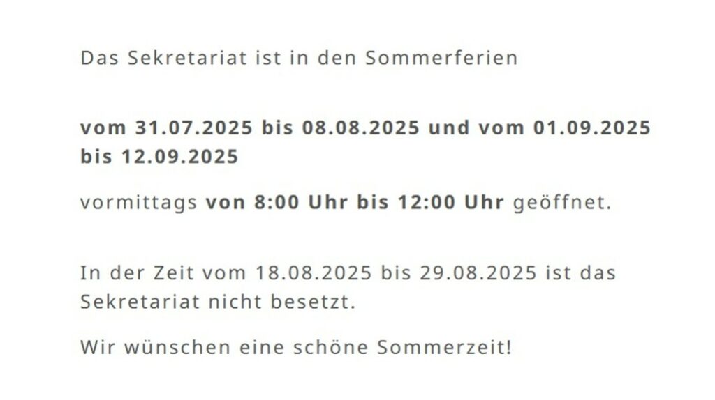 Sommerferien Sekretariat
